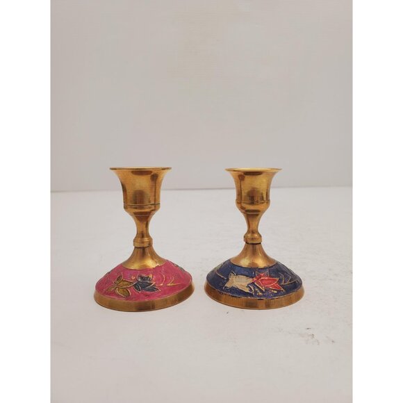 Vintage Brass Candlestick Holder | round Base |Vintage Enamelled Brass - Picture 2 of 10